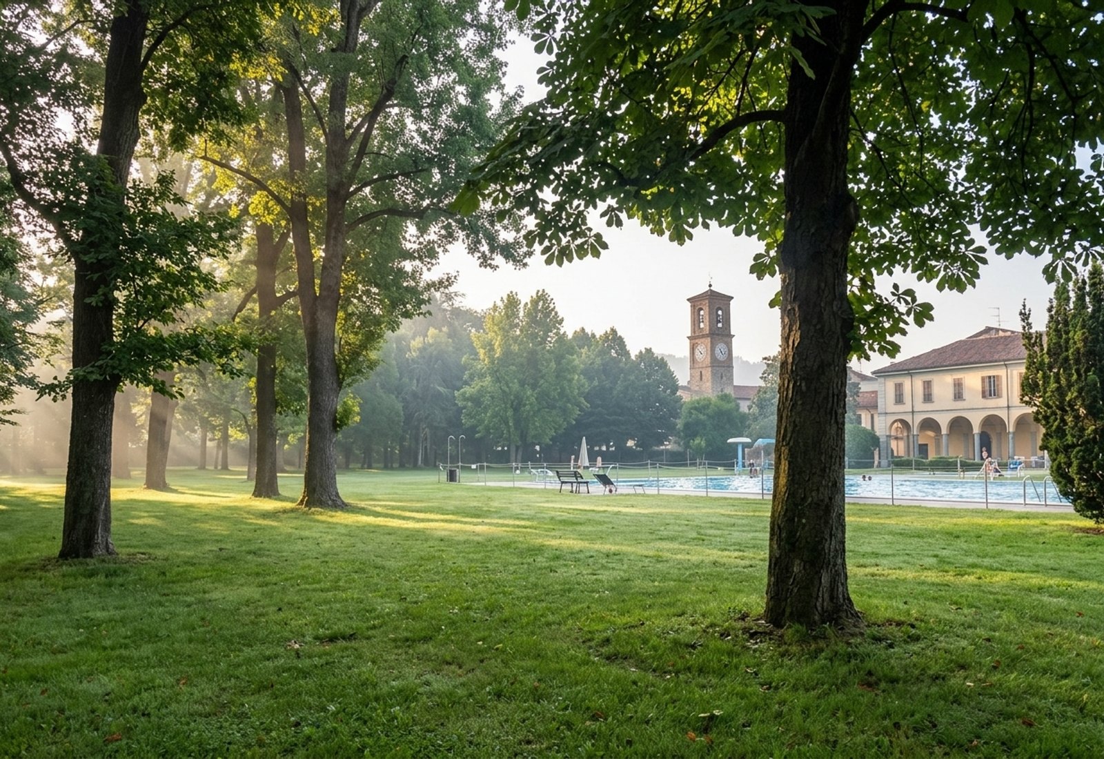 The lawns, trees and outdoor pool of Acqui Green Park in Acqui Terme