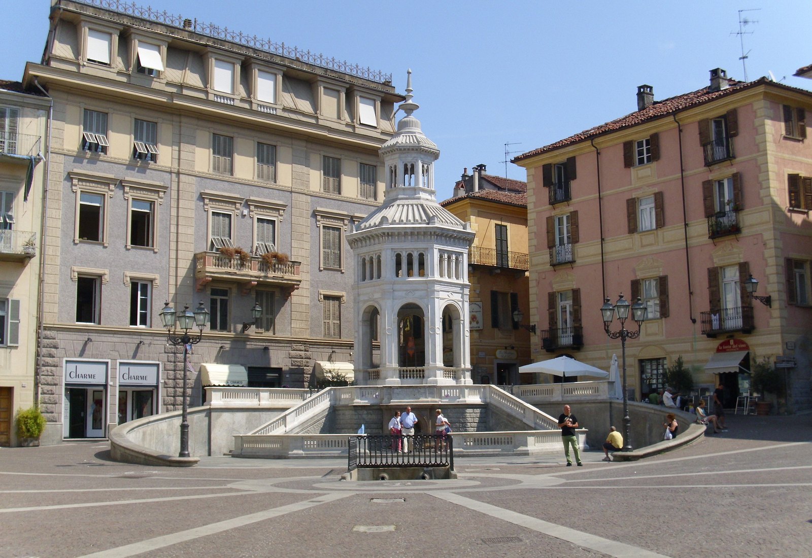 Piazza della Bollente with the marble spring kiosk and surrounding palazzi in Acqui Terme