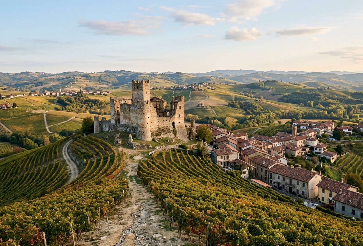 Illustration of a representative Piedmontese hilltop castle ruins above vineyards and a village in the Monferrato