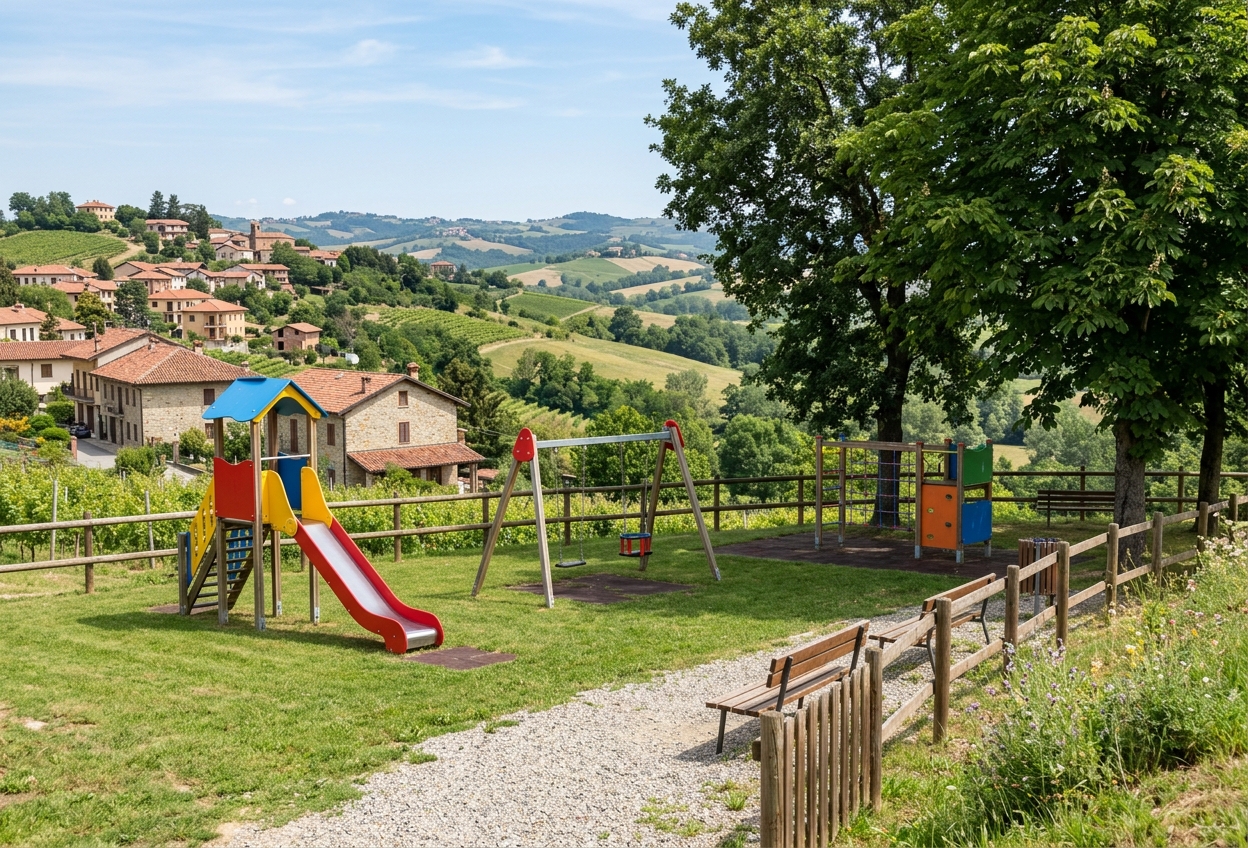Illustration of a small village children's playground with a slide and swings above the Monferrato hills
