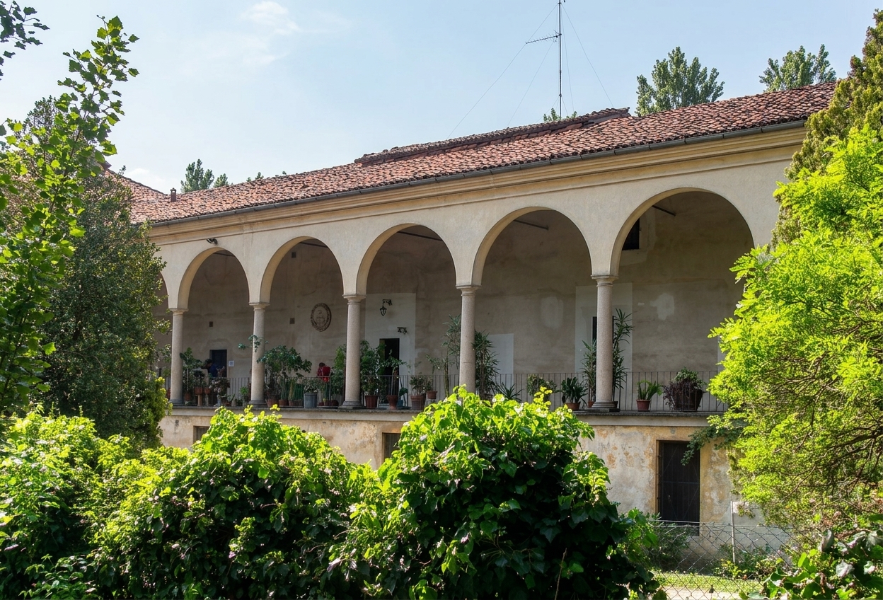 The arcaded loggia of the former Certosa di Valmanera in Asti, home of the Arazzeria Scassa tapestry workshop