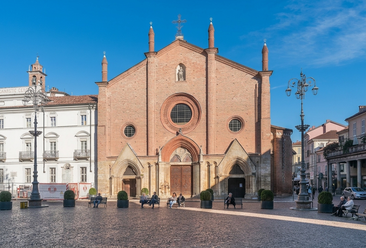 The brick Gothic facade of the Collegiata di San Secondo on Piazza San Secondo, Asti, under a blue sky