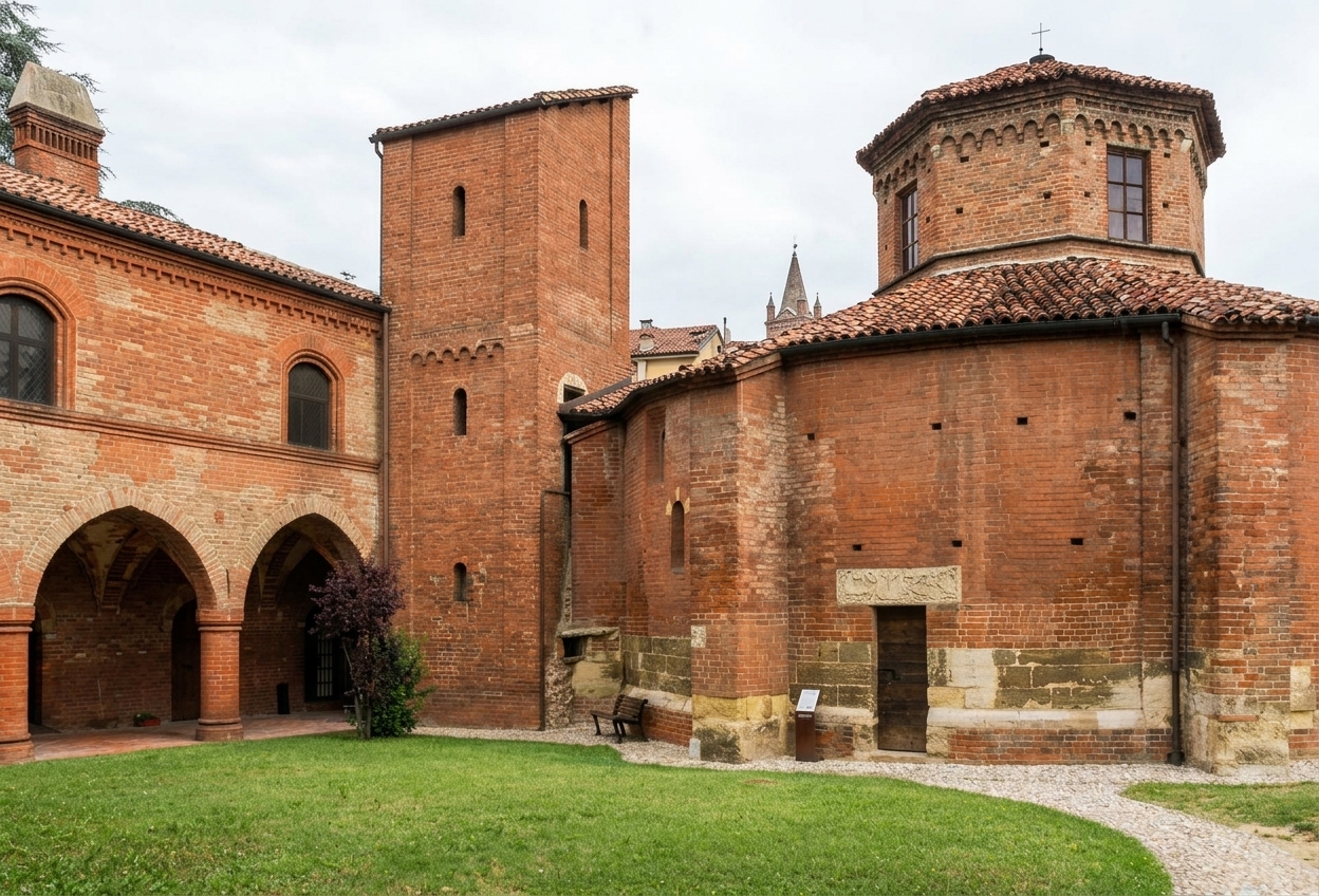 The brick Romanesque Rotonda of San Pietro in Consavia in Asti, seen across the courtyard lawn beside the cloister arches