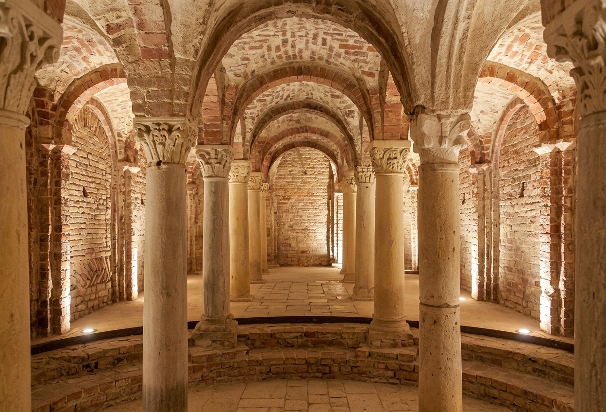 Columns and carved capitals under the brick vaults of the lit Romanesque crypt of Sant'Anastasio, Asti
