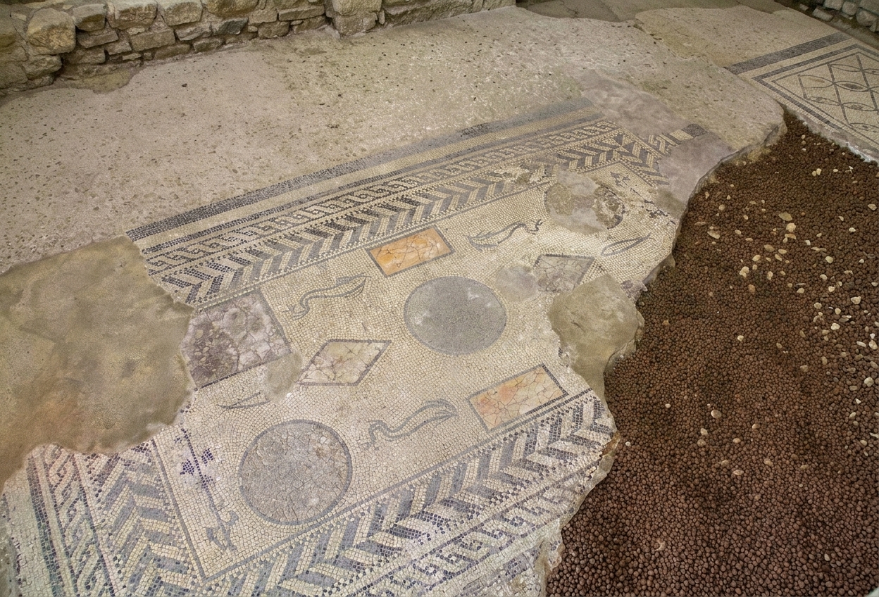 The Roman mosaic floor of the Domus Romana in Asti, with geometric borders, coloured marble panels and fish motifs