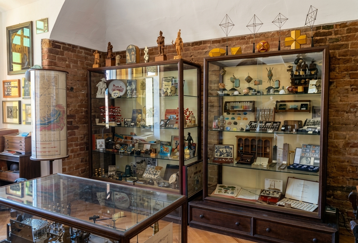 Display cabinets of minerals and mining memorabilia in the MAGMAX museum room in Torre Quartero, Asti