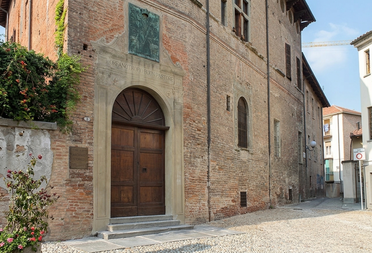 The brick façade of Palazzo Mazzola in Asti, home of the Museo del Palio