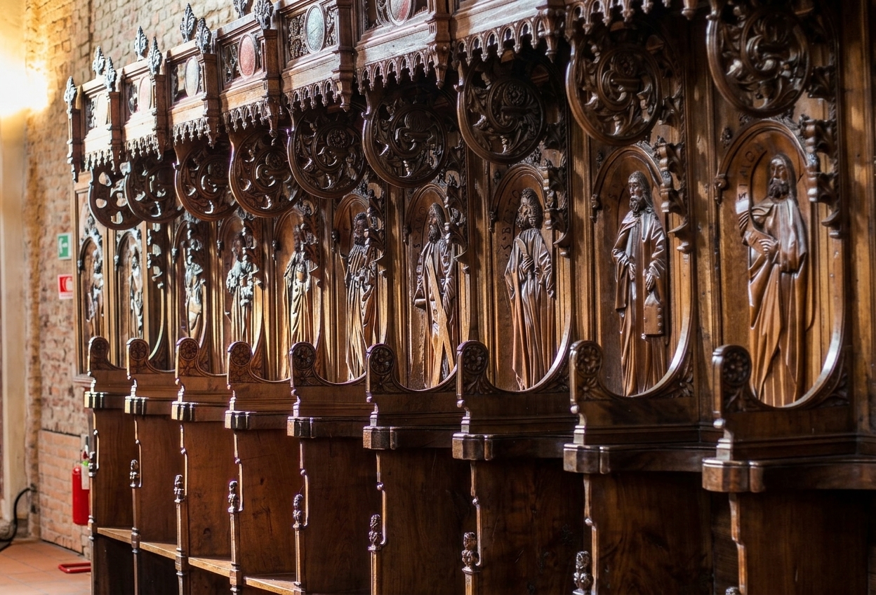 The carved wooden choir stalls by Baldino di Surso in the Museo Diocesano San Giovanni, Asti