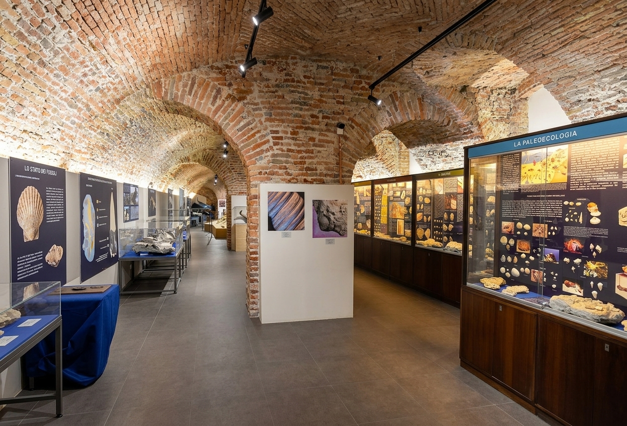 Fossil display cases under the brick vaults of the paleontological museum in Palazzo del Michelerio, Asti