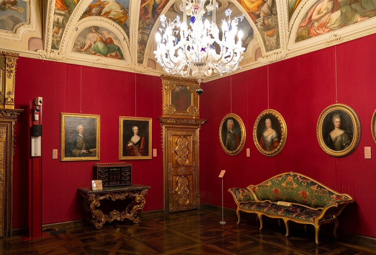 The red-walled Sala dello Zodiaco in Palazzo Mazzetti, Asti, with gilded furniture, portraits and a frescoed ceiling under a crystal chandelier