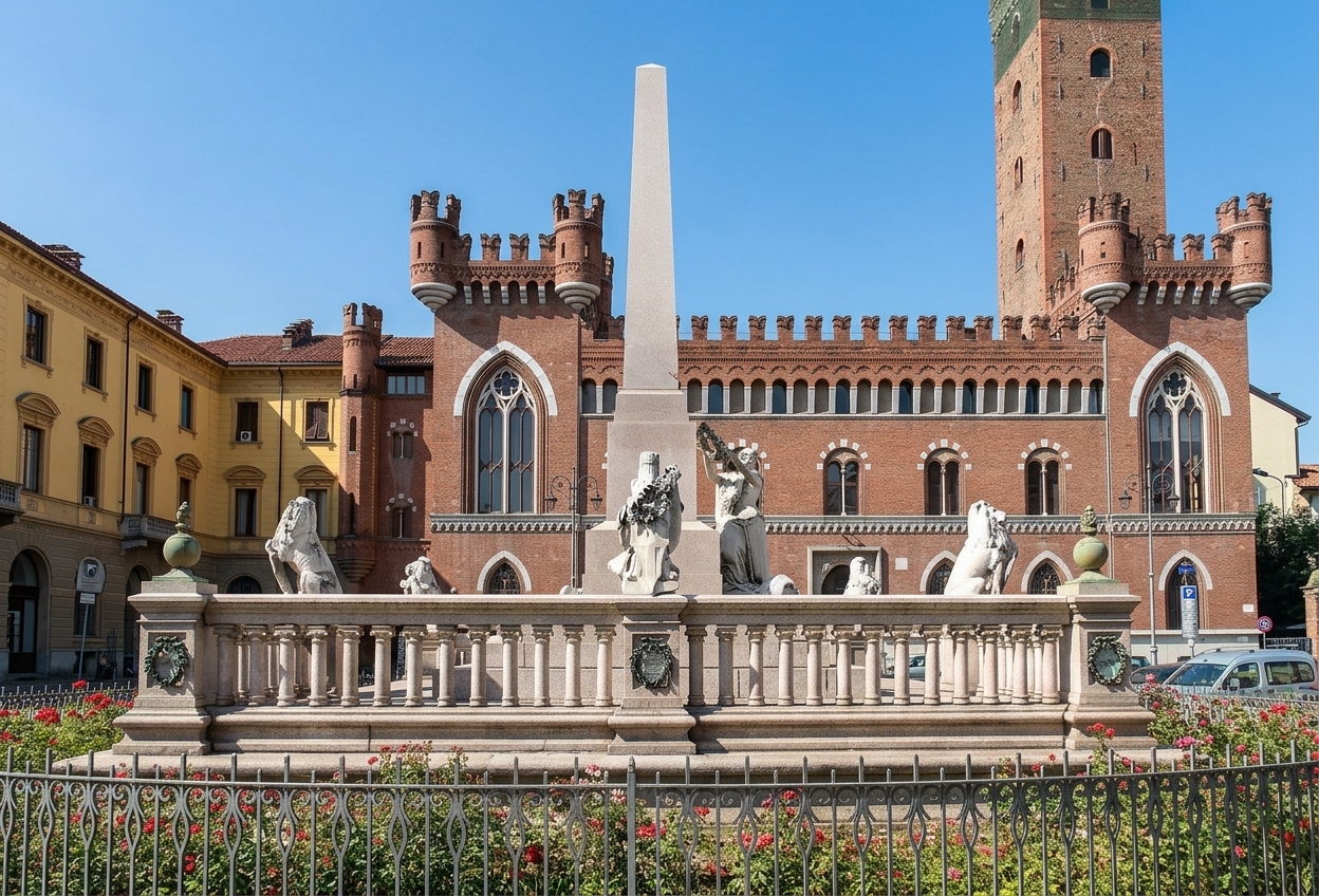 The obelisk monument to the Unity of Italy in Piazza Roma, Asti, with the neo-Gothic Palazzo Medici del Vascello and the Torre Comentina behind