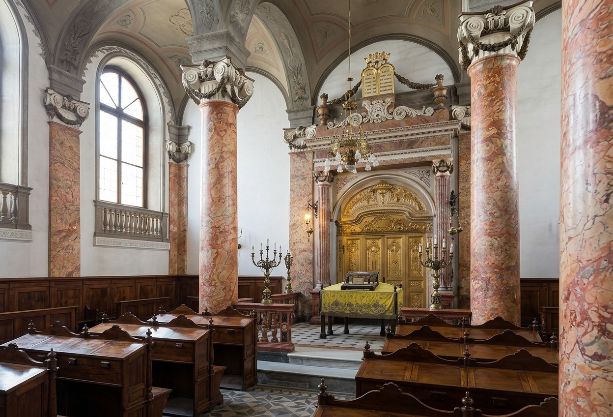 Marble columns and the gilded Holy Ark inside the synagogue of Asti