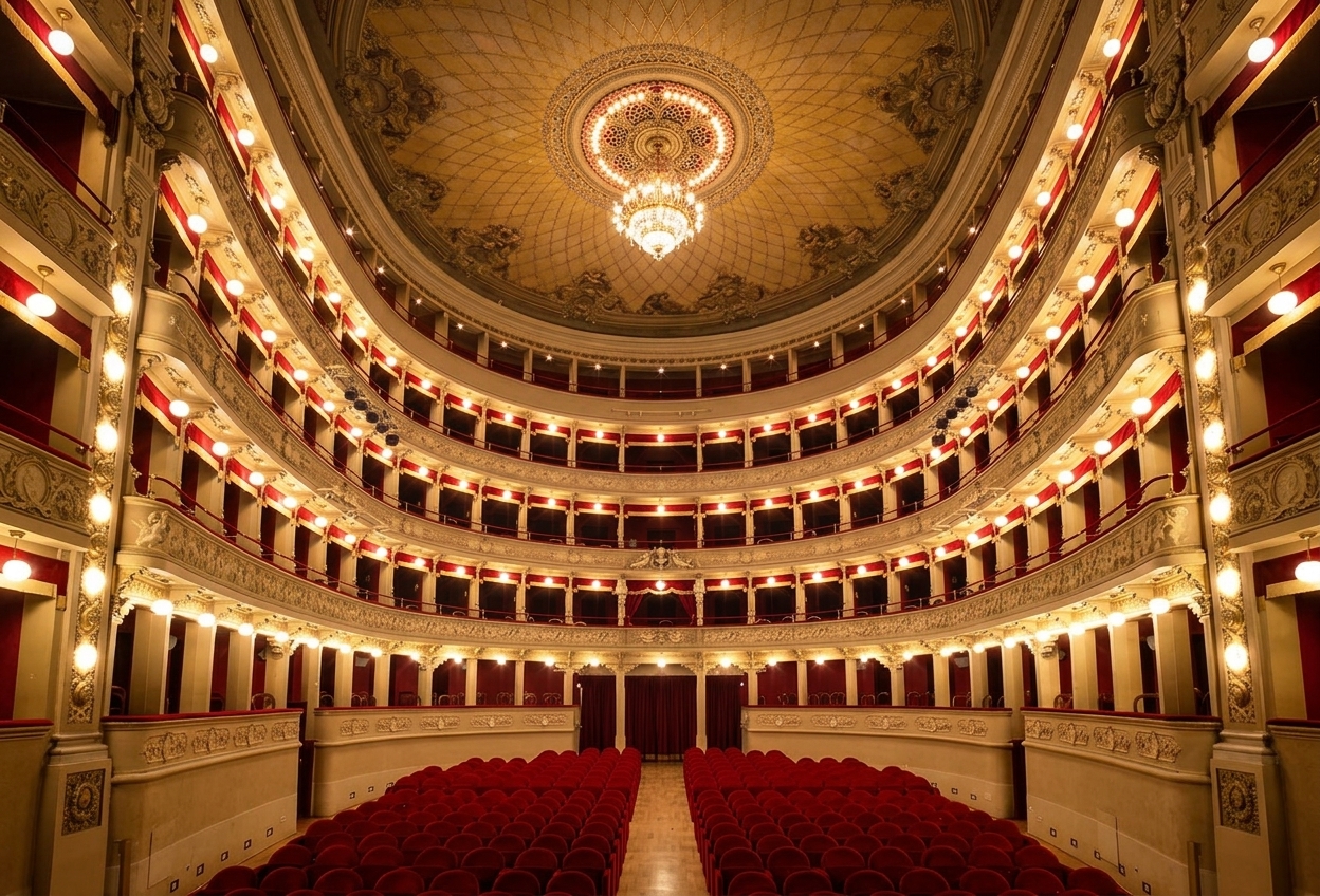 The horseshoe auditorium and tiers of boxes of Teatro Alfieri in Asti