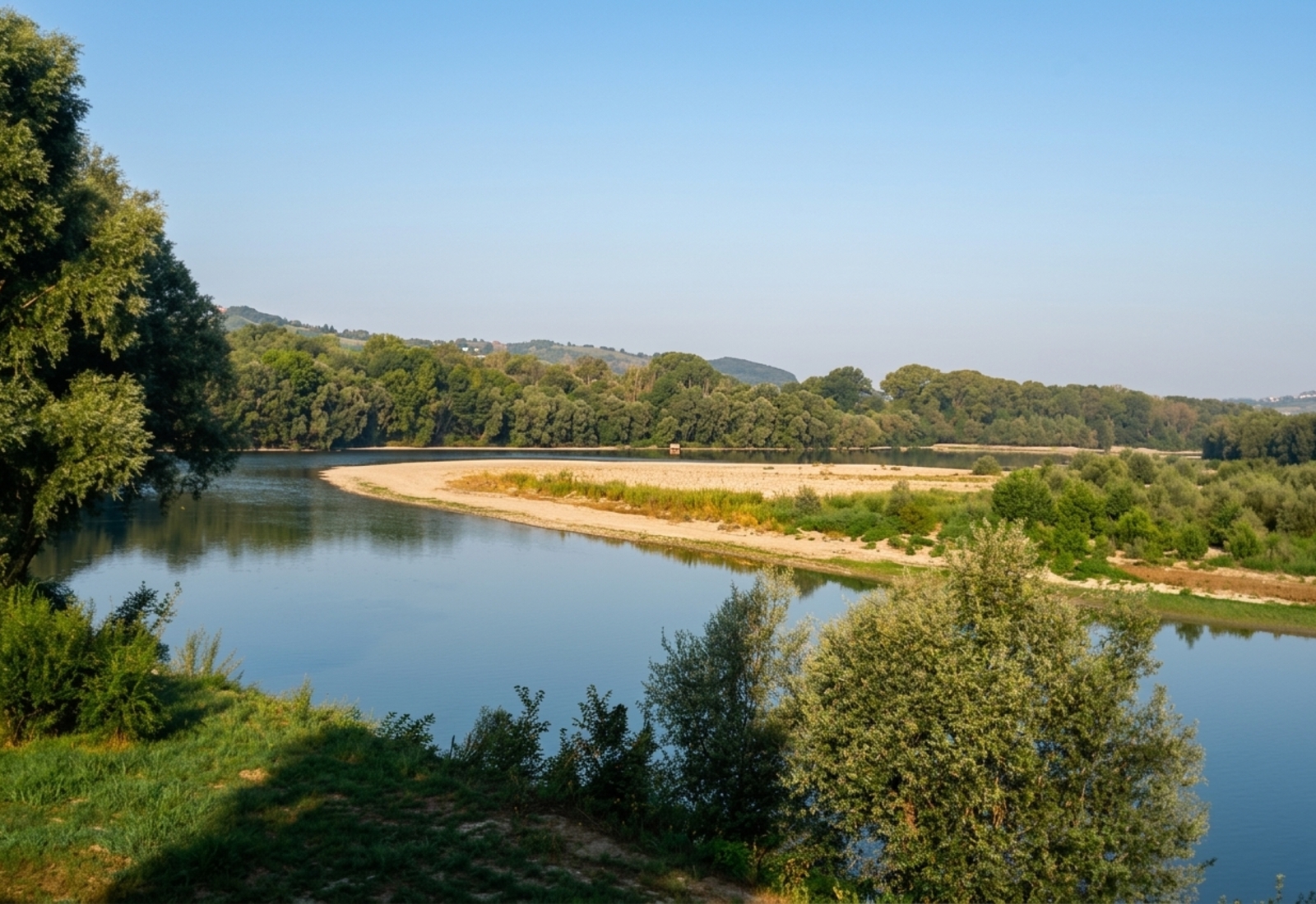 The Po river winding between wooded banks in the Parco Fluviale del Po e dell'Orba