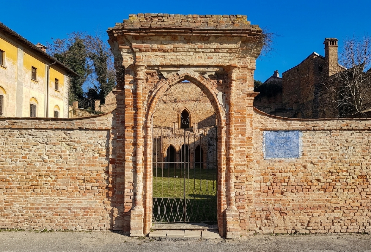 The Gothic brick archway and iron gate of the Cortile dei camminatori di domande at Castagnole Monferrato