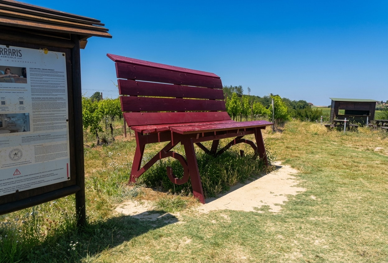The giant dark-red panoramic bench among the Ruchè vineyards at Castagnole Monferrato