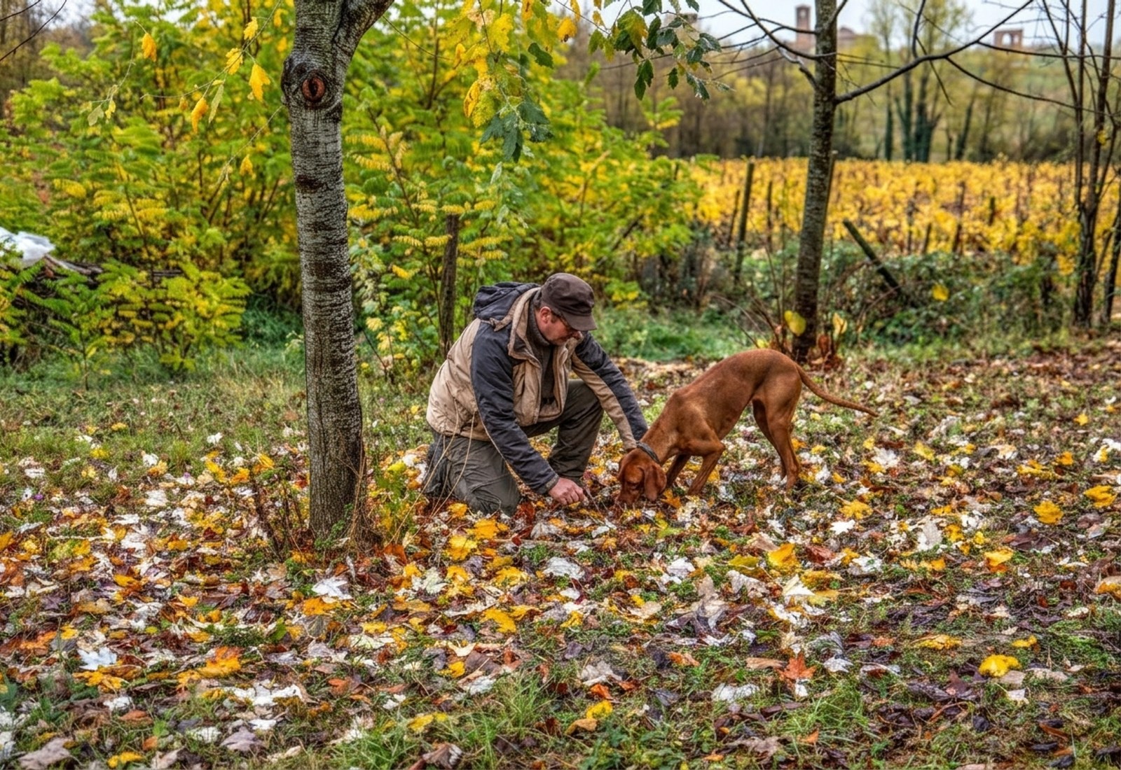A truffle hunter and his dog searching for truffles in the autumn woods near Costigliole d'Asti