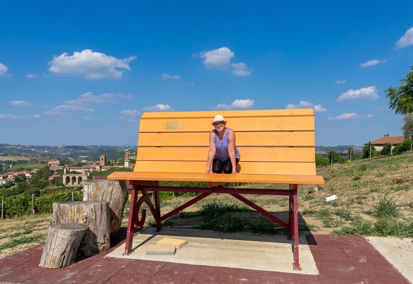 The giant Big Bench no. 18 at Bricco Lù overlooking the vineyard hills of Costigliole d'Asti
