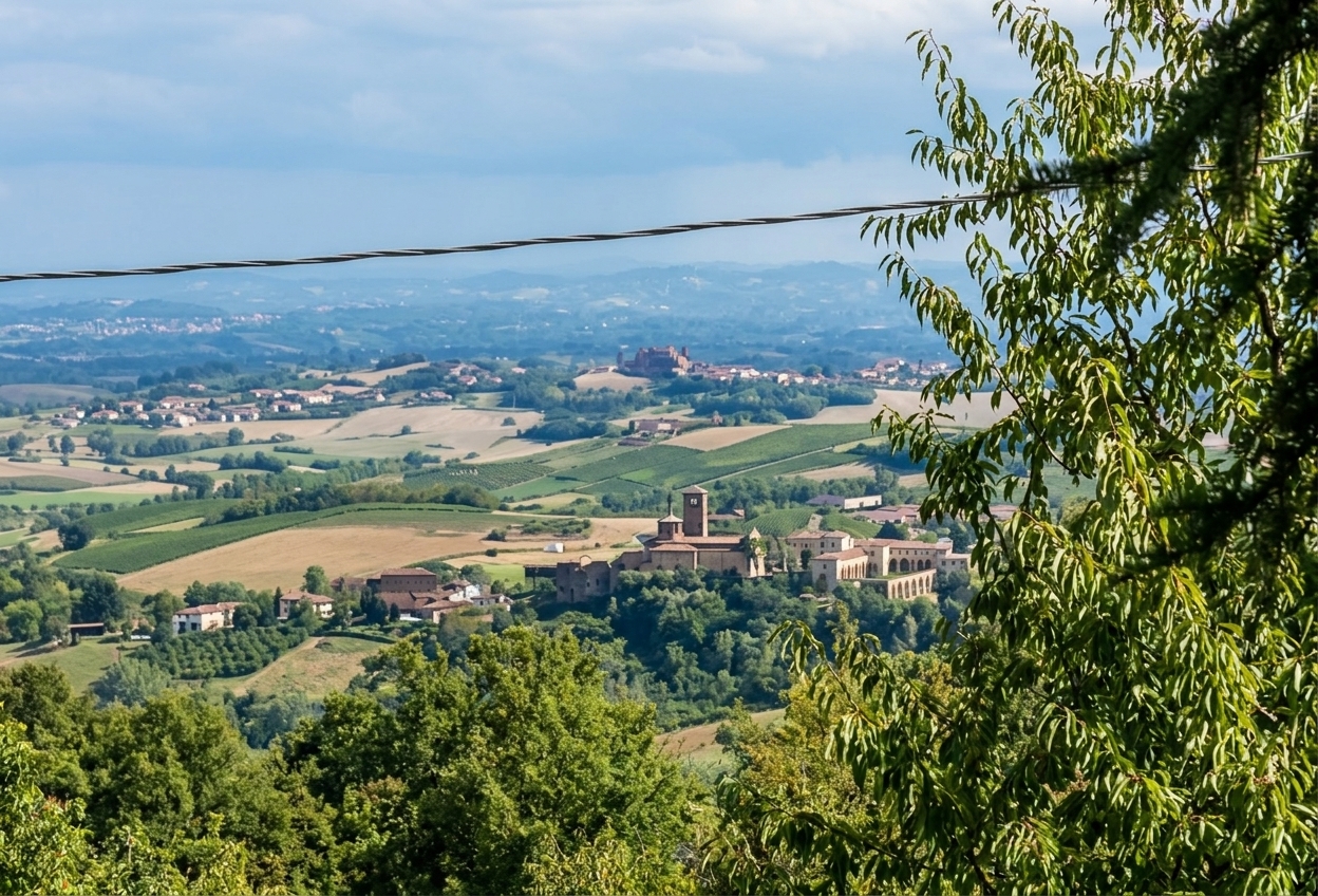 Panoramic view over the Monferrato hills and vineyards from the hilltop Parco della Stele in Grazzano Badoglio