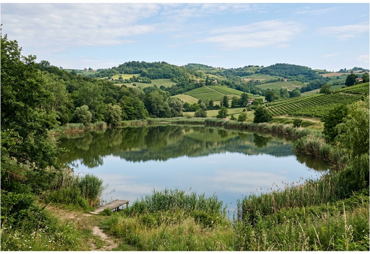 A tranquil fishing lake in the Monferrato hills near Incisa Scapaccino