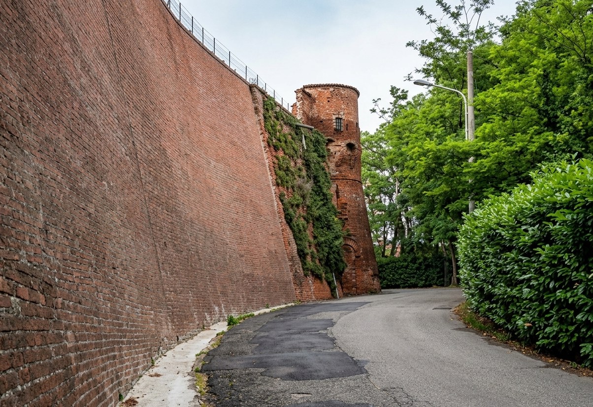 The medieval brick castle wall and round tower, Resti del Castello, Incisa Scapaccino