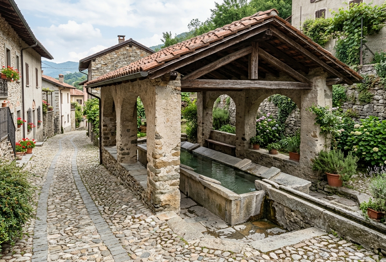 A traditional covered stone washhouse in a Piedmontese village (illustration)