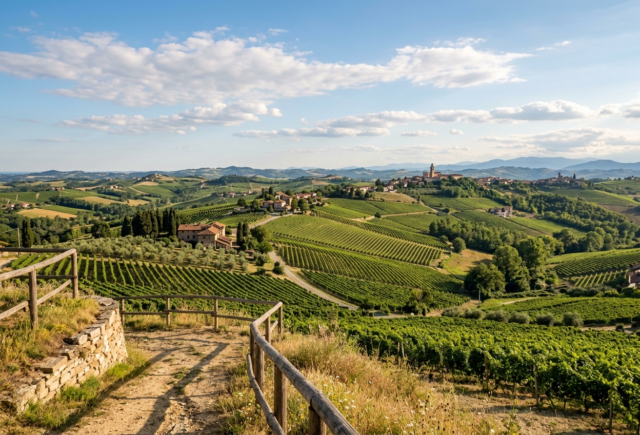 A panoramic viewpoint over the vineyard hills of the Basso Monferrato near Mombaruzzo