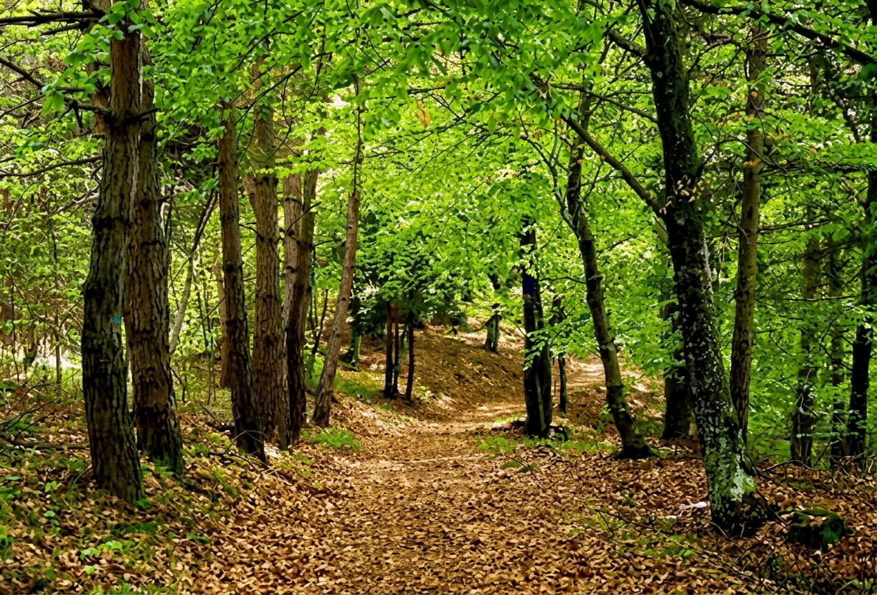 A leaf-strewn woodland footpath through the Bosco delle Sorti near Mombaruzzo