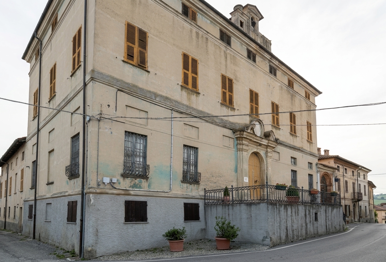 The façade of Palazzo Pallavicini in Mombaruzzo, with yellow-shuttered windows and a baroque portal