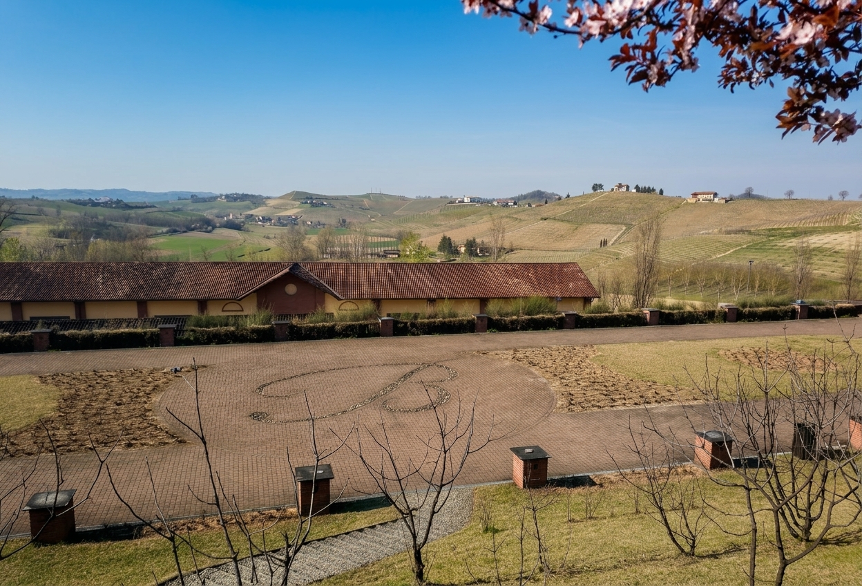 The landscaped nature park of the Berta distillery at Mombaruzzo, with panoramic Monferrato hills