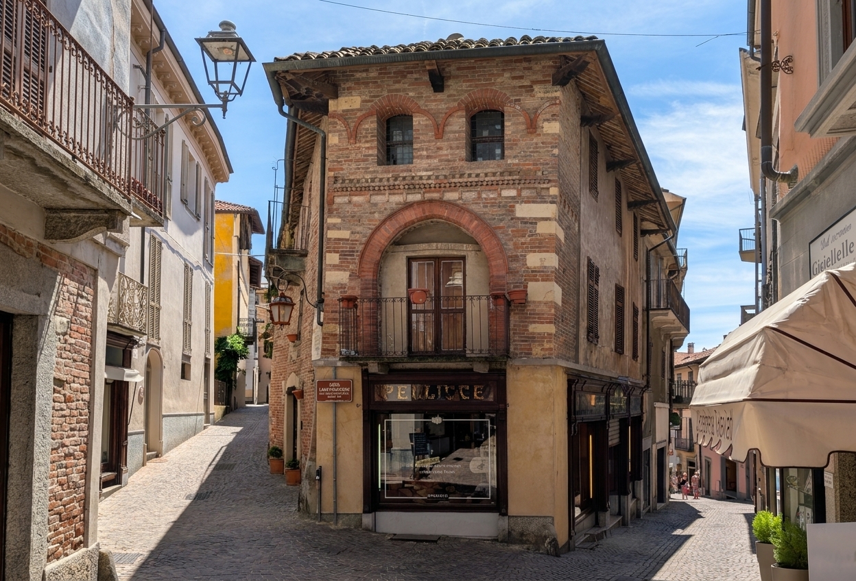Casa Lanfrancone, a tall medieval brick townhouse with an arched loggia on a cobbled corner in Moncalvo's old town