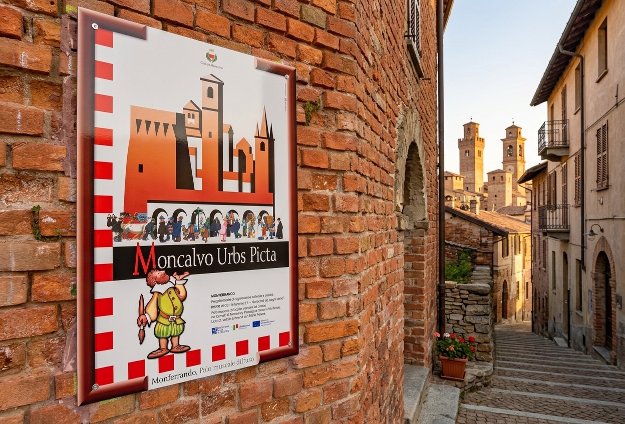 Illustration of a painted panel on the warm brick wall of Moncalvo's stepped truffle walk, with the town's towers rising behind