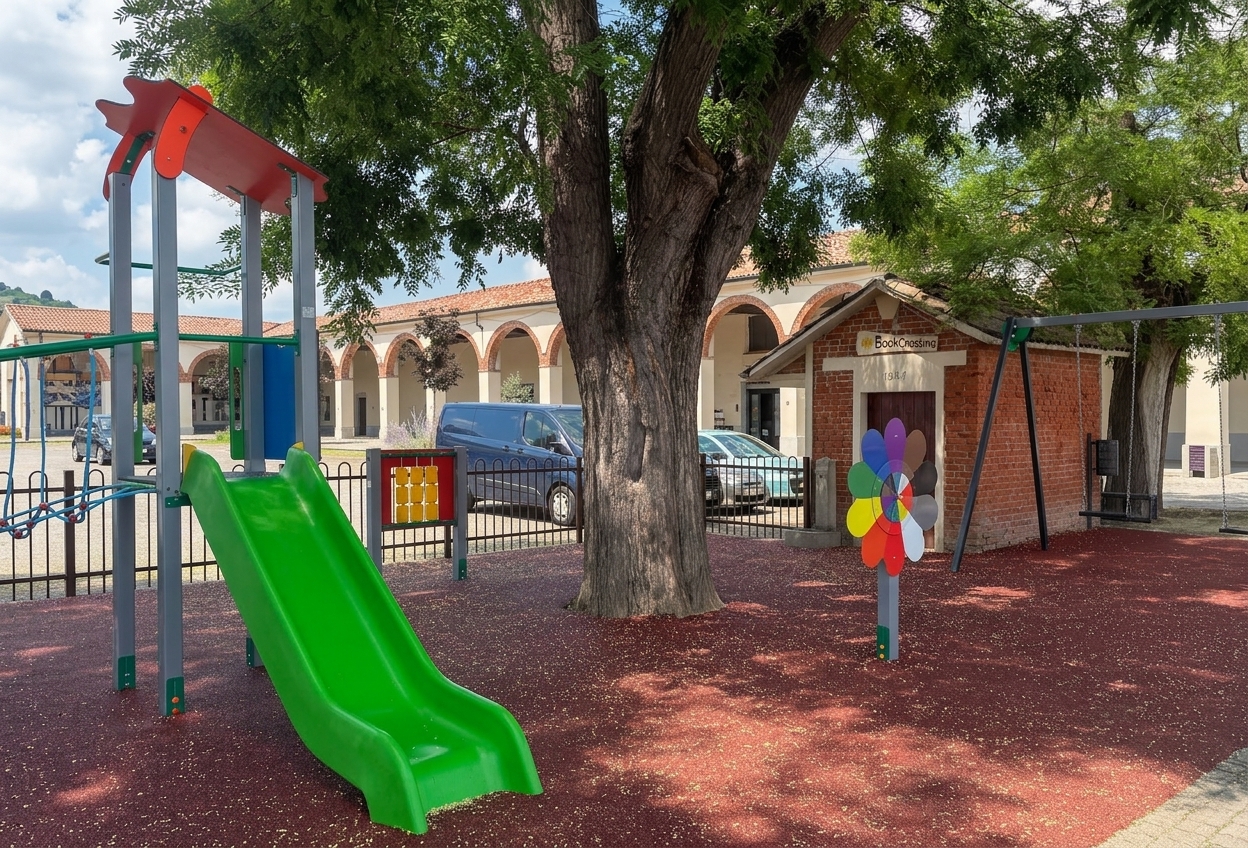 Illustration of the children's playground in the public park on Piazza Carlo Alberto, Moncalvo, with a slide and shade tree beside an arcaded portico