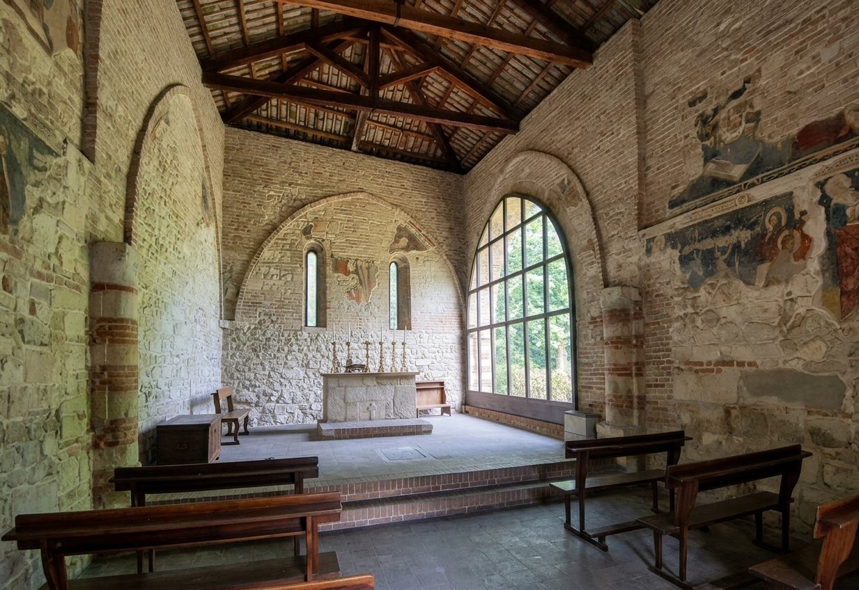 Inside the small chapel of Sant'Andrea, timber-roofed brick and stone walls painted with faded 14th-century frescoes, wooden pews and a simple altar