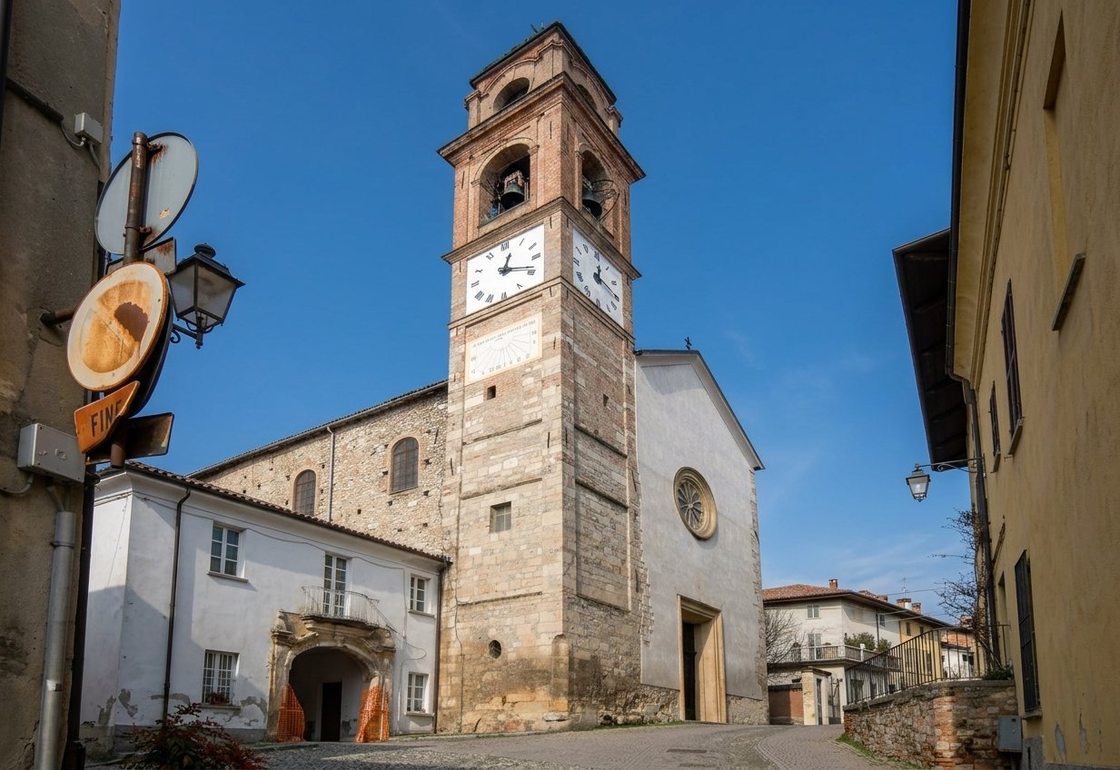 The stone-and-brick bell tower of Santa Maria della Pace, with clock faces and a painted sundial, beside the church's plain façade and rose window on a cobbled street