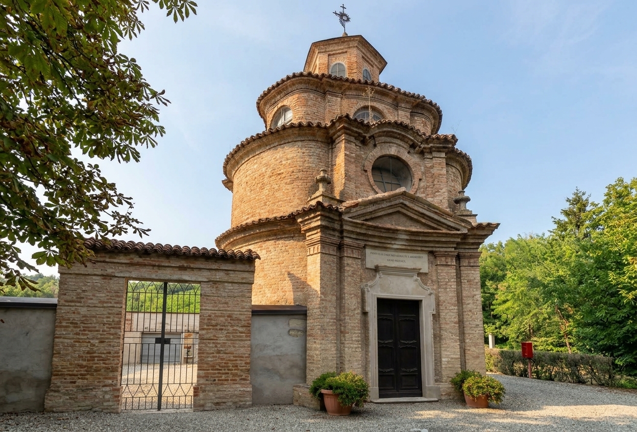 The octagonal brick tempietto of San Luigi Gonzaga at Corteranzo, with its tiered pagoda-like drum and lantern cupola