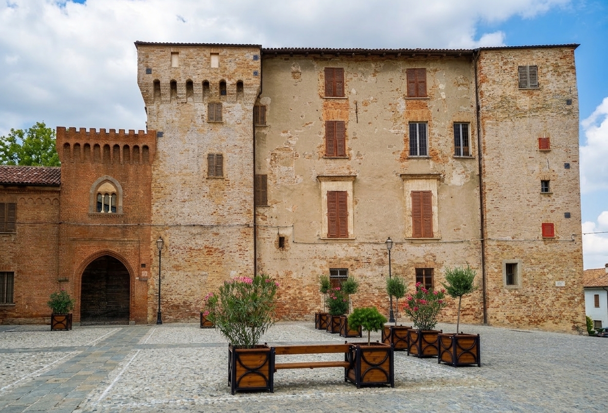The Castello di San Marzano Oliveto and its cobbled piazza