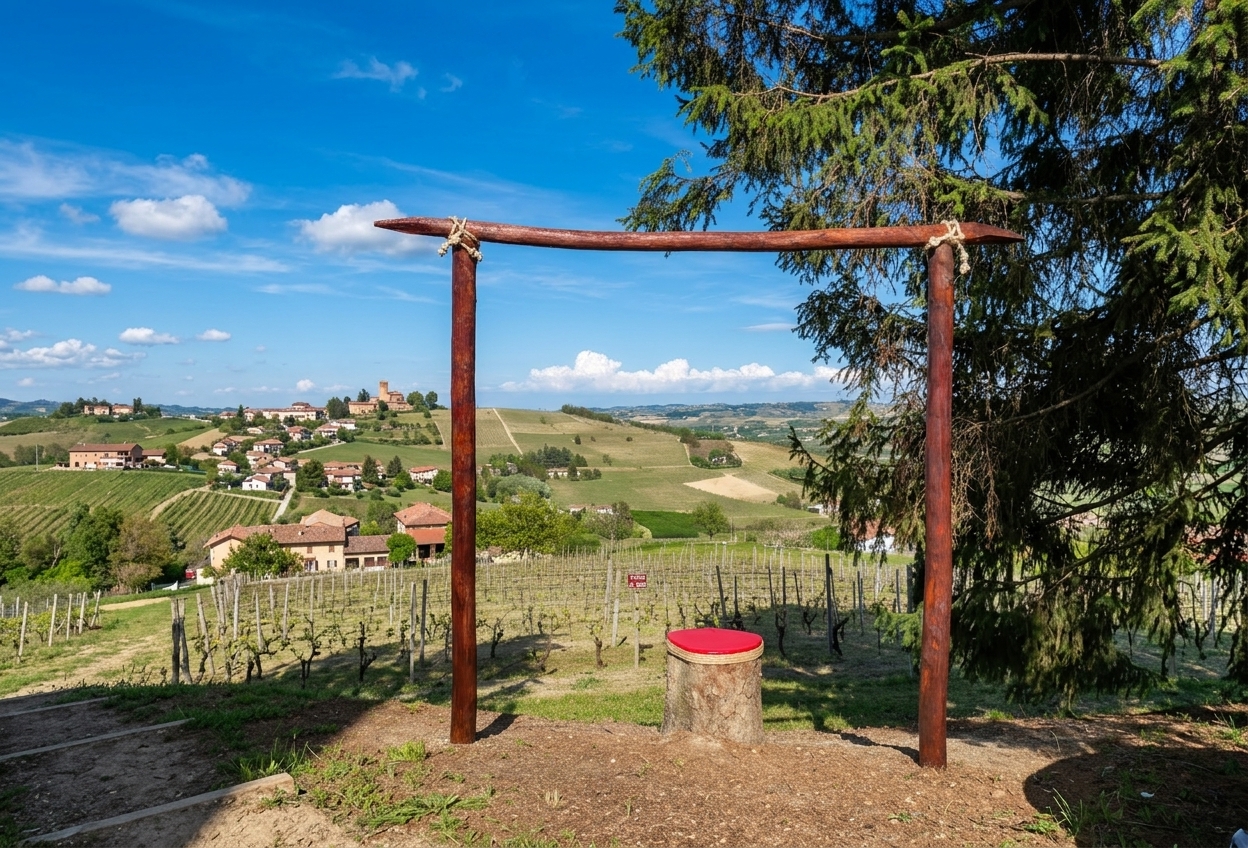 Wooden photo-frame viewpoint over the Vigna Le Rose vineyard and Monferrato hills