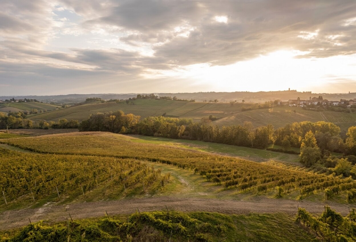 Rows of vines rolling down towards wooded valleys and distant hills at sunset on the Poggio Le Coste estate