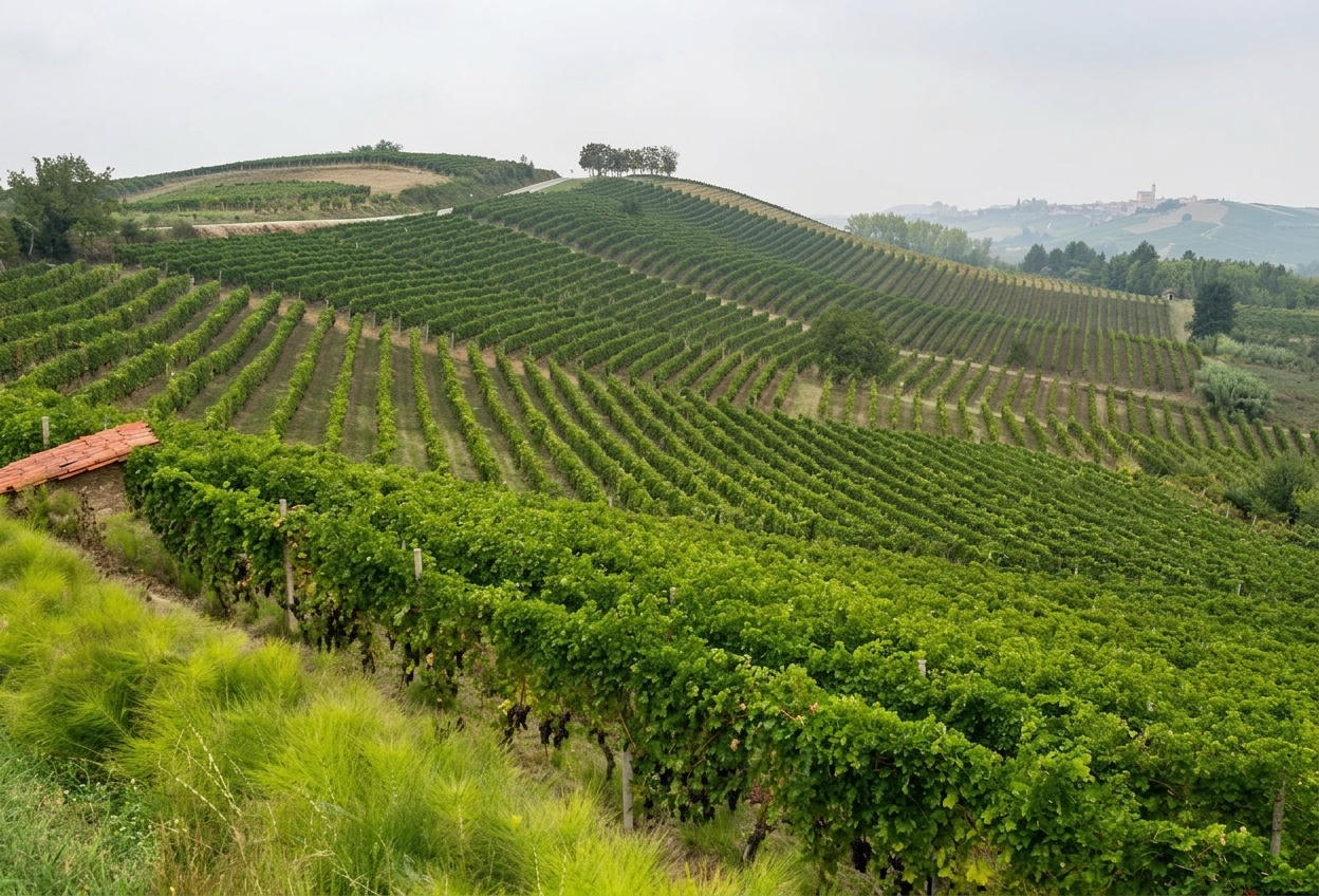 Rolling vineyard hills of the Crivelli estate above Castagnole Monferrato, a hilltop village on the horizon