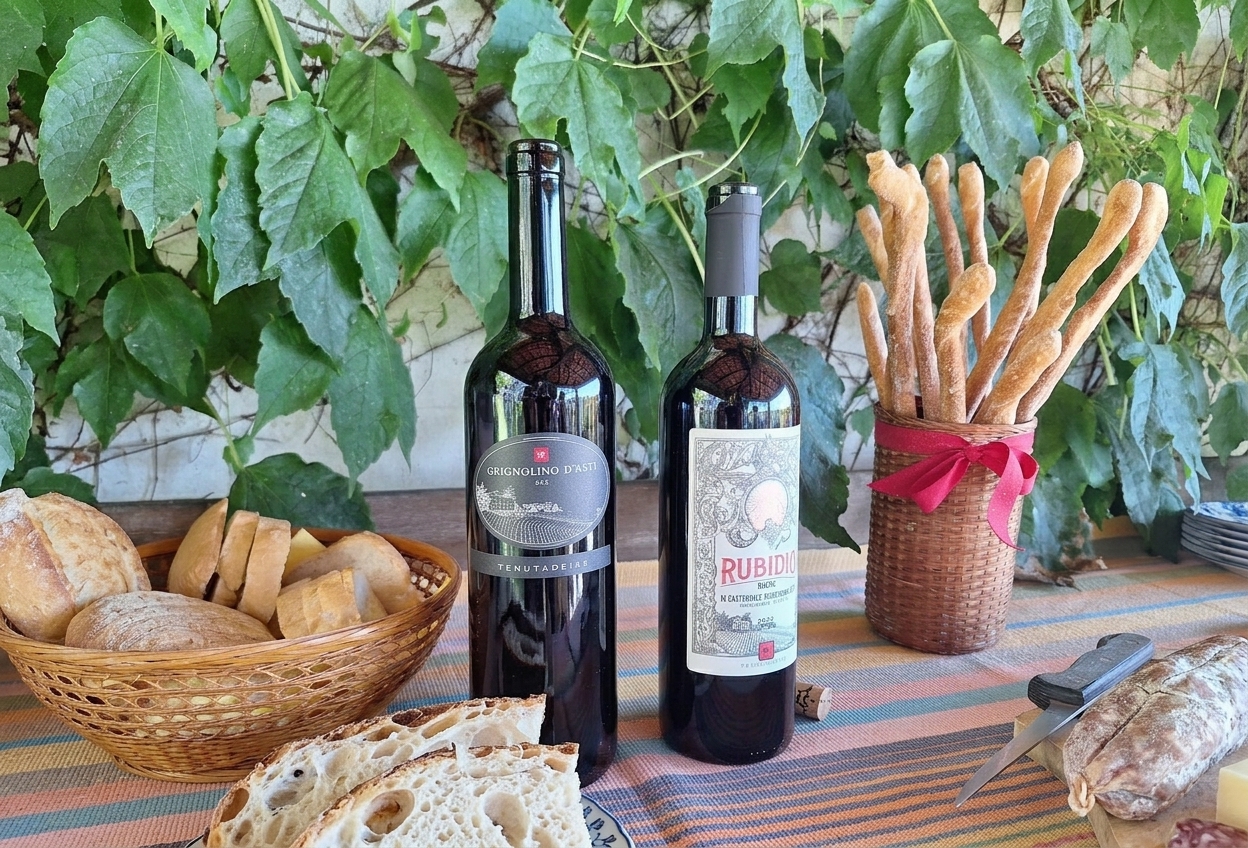 Bottles of Tenuta dei Re Rubidio Ruchè and Grignolino with bread and grissini on a tasting table, Castagnole Monferrato