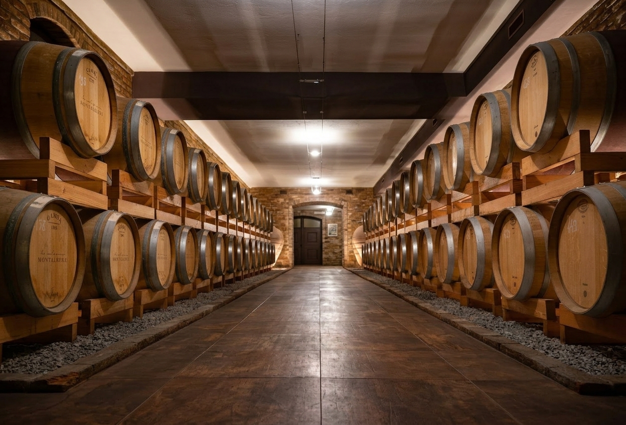 Rows of oak ageing barrels in the underground cellar at Montalbera, Castagnole Monferrato