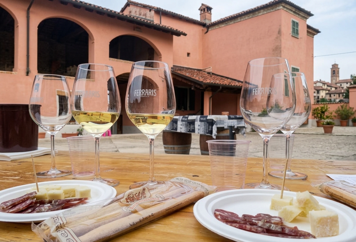 Ferraris wine glasses and a board of salami and cheese on a courtyard table at Casa Ferraris, Castagnole Monferrato