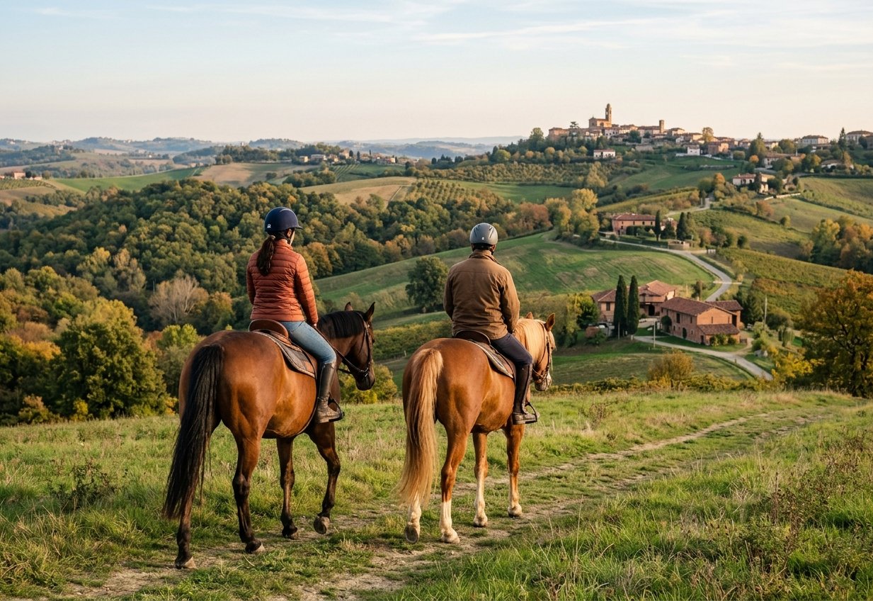 Two riders on horseback on a grassy track above the wooded hills of Lower Monferrato, a hilltop village in the distance (AI-generated illustration)
