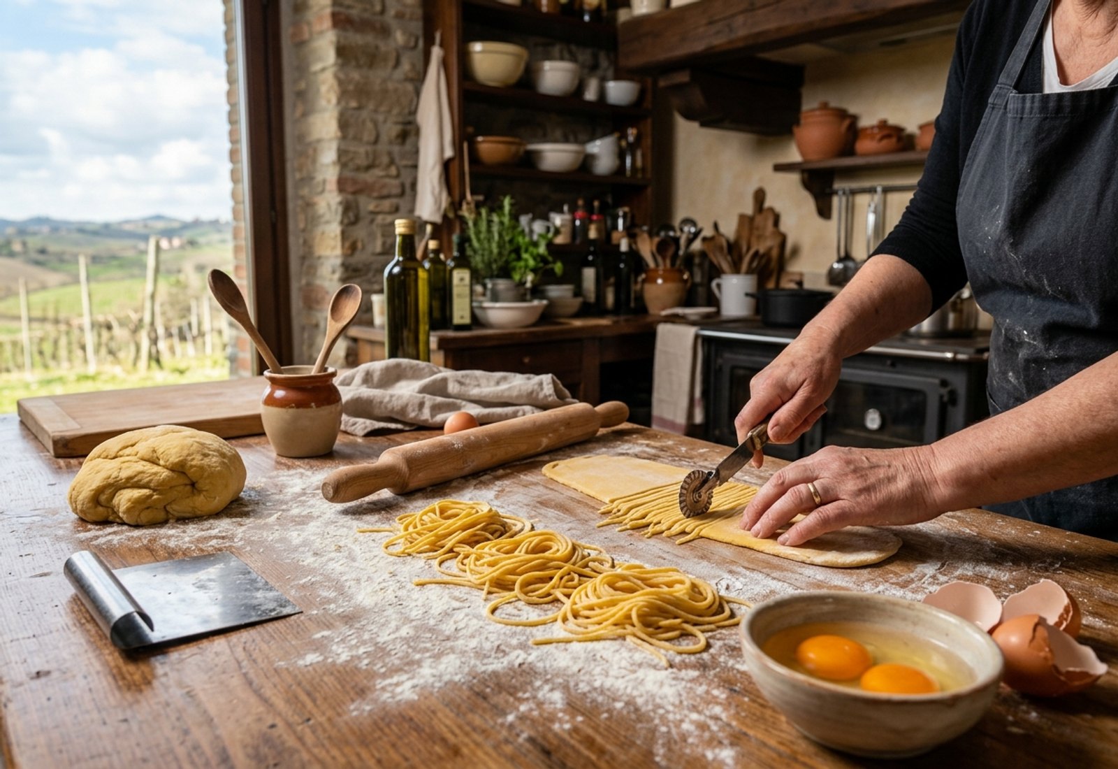 Hand-cutting fresh tajarin pasta in a Piedmontese cooking class