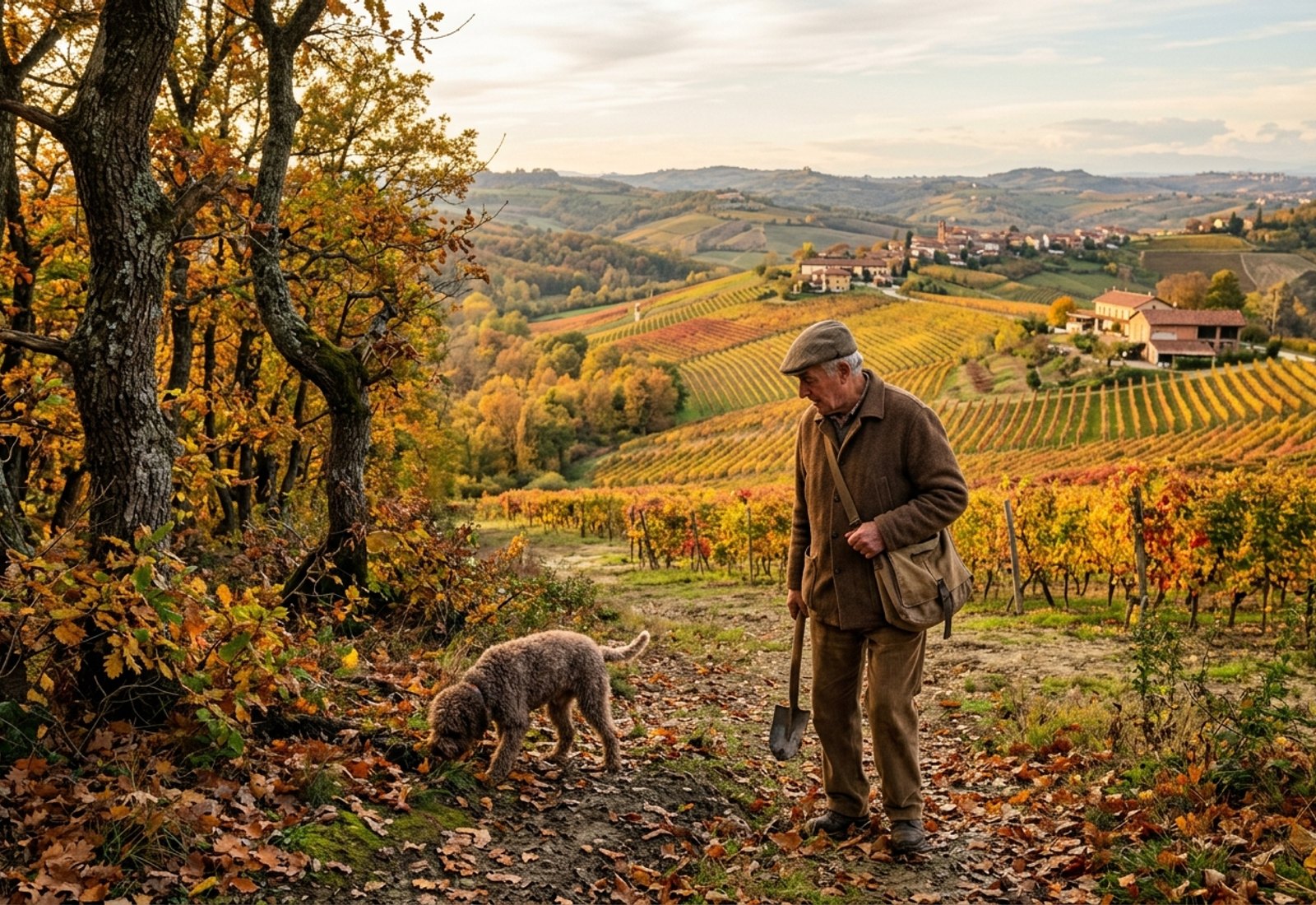 Truffle hunter with his dog in the autumn Monferrato hills