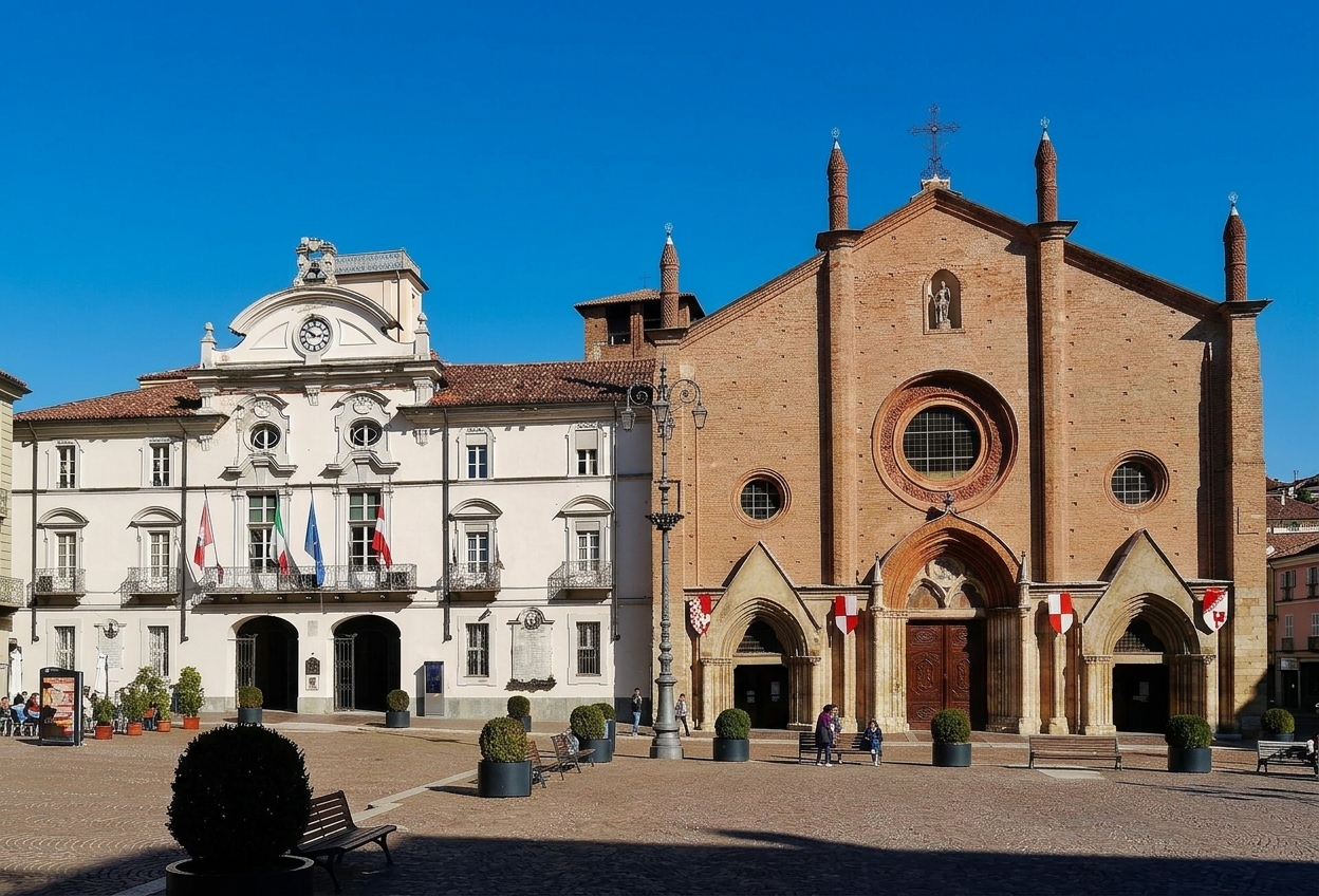 Piazza San Secondo in Asti on a sunny day, with the Baroque town hall beside the brick Gothic Collegiata di San Secondo