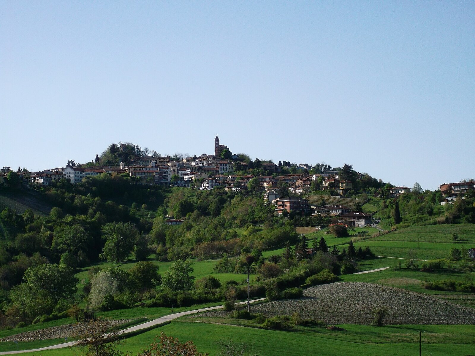 Hilltop town of Cocconato above spring meadows and woods, its bell tower on the skyline, province of Asti