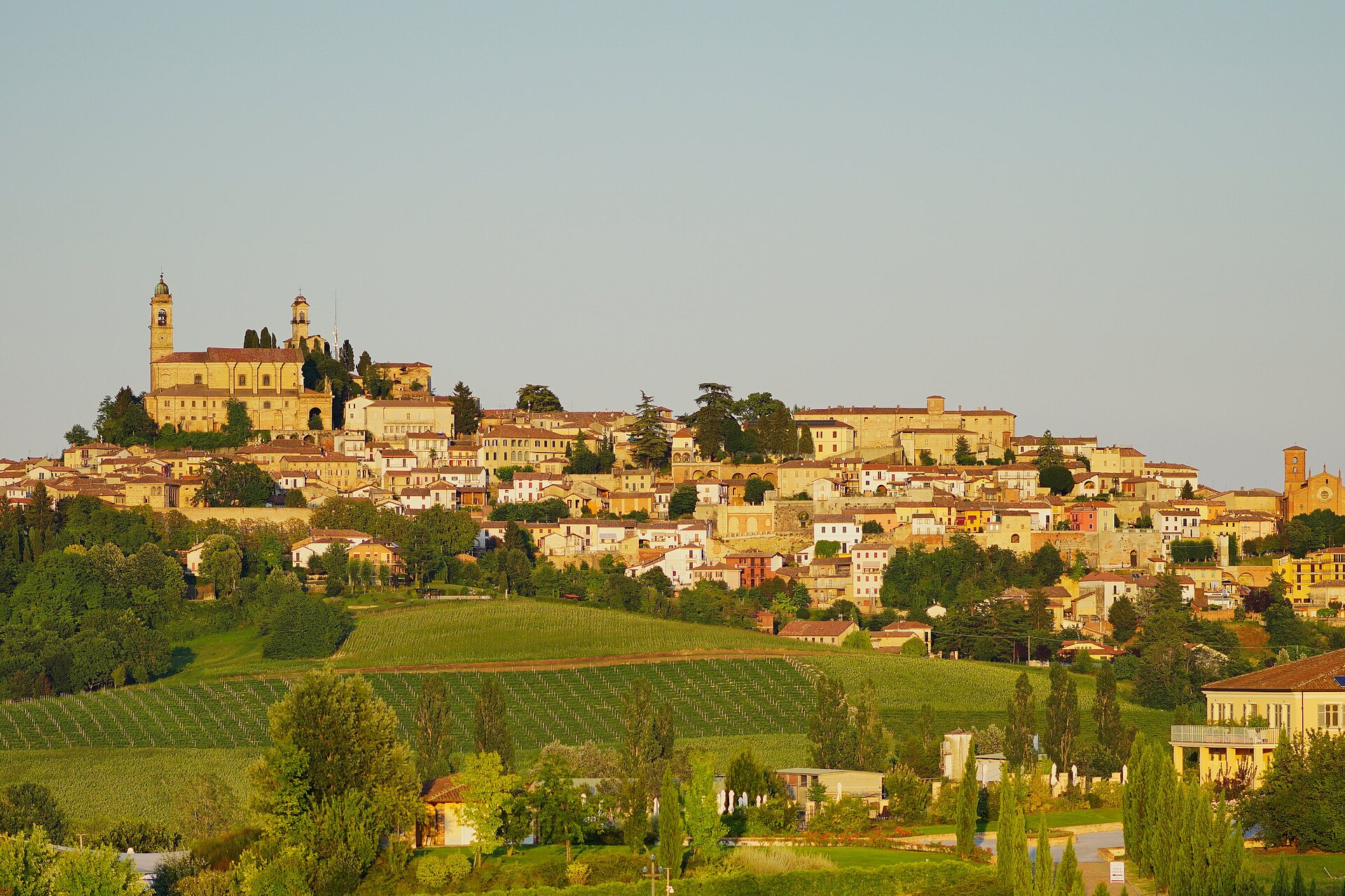 Vignale Monferrato at golden hour — the hilltop wine village rising above its vineyards